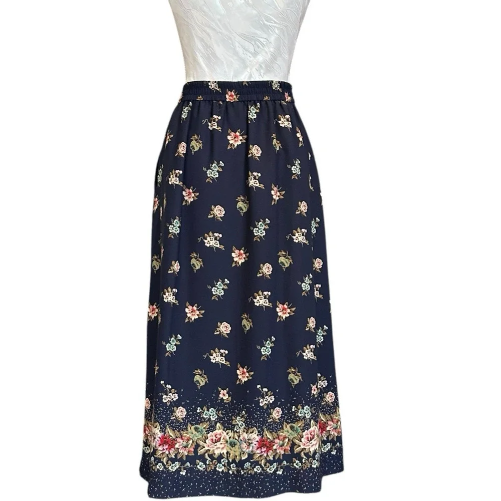 Leslie Fay Navy Floral Border Midi Skirt 16P Coastal Chic - Picture 3 of 14